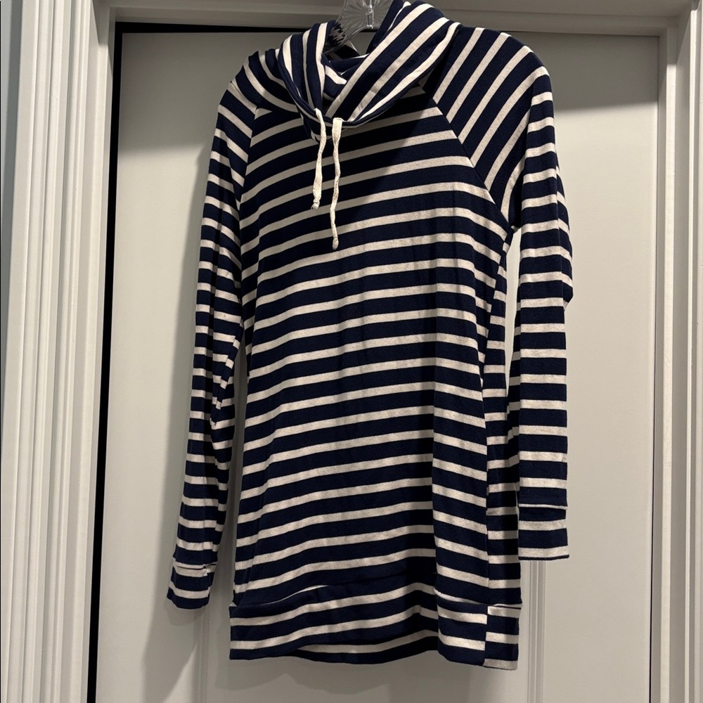 Navy and White Striped Cowl Neck Sweatshirt